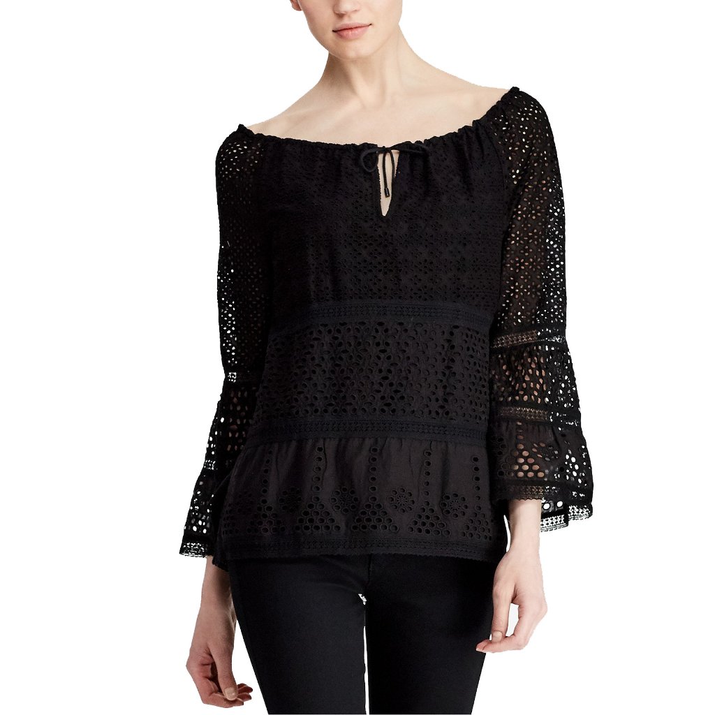 Ralph Lauren Black Cotton Eyelet Lace Bell Sleeve Peasant Top L